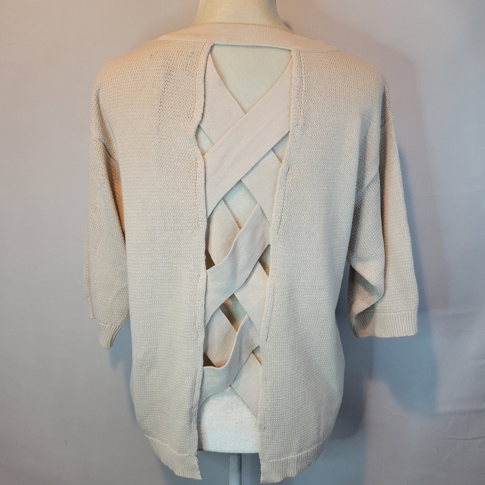 Michael Stars NWT Size Small Fawn Sweater Open Back Detail Cross Elbow Sleeves